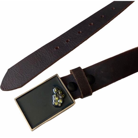 Hand Tooled Brown Leather Belt Enamel Buckle Women Size Small Art To Wear Boho main image 4
